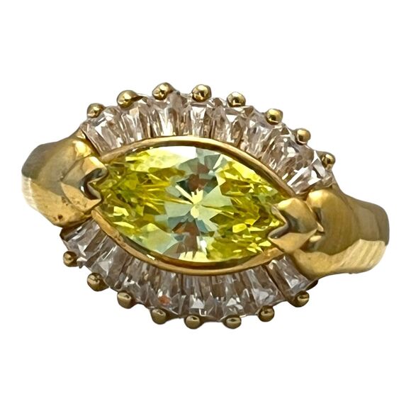 Vintage 14k Yellow Gold Marquise Diamond Engagement Ring  Vintage 1990s Uncas Ring Size 7 Yellow CZ Marquise Gold Tone - 5C